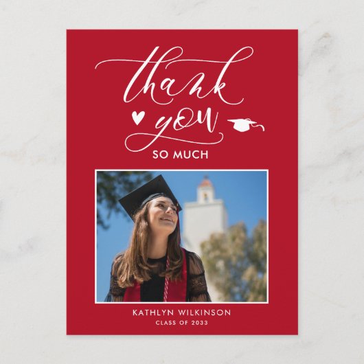 Red Elegant Script Chic Photo Afstuderen Hartelijk Briefkaart (Voorkant)