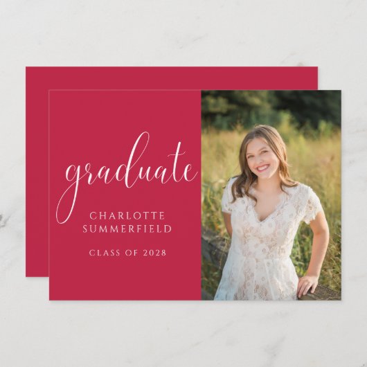 Red Elegant Script Graduation Photo Invitation (Devant / Derrière)
