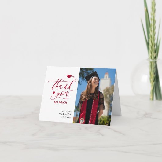Red Elegant Script Photo Minimalist Afstuderen Bedankkaart (Voorkant)