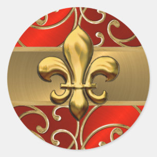 Red en Gold Filigree Swirls Fleur de Lis Ronde Sticker