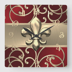 Red en Gold Filigree Swirls Fleur de Lis Vierkante Klok