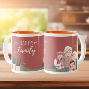 Red en Green Waterverf Happy Family Wraparound Tweekleurige Koffiemok