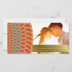 Red- en Jade Art Deco Scallop Pattern Fan Save The Date
