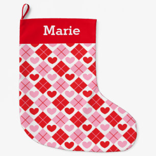 Red en Roze Argyle Heart Pattern Grote Kerstsok