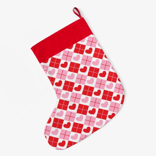Red en Roze Argyle Heart Pattern Grote Kerstsok (Achterkant (Hangend))