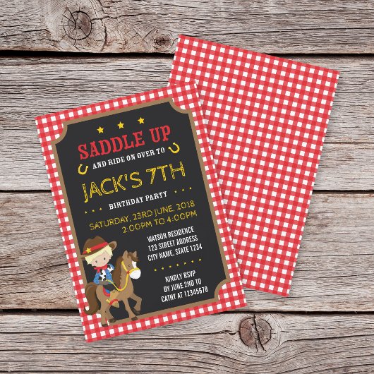Red En vichy Wild West Cowboy Invitation d'anniver