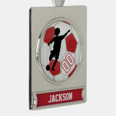 Red en White personaliseren Boy Soccer Player Verzilverd Banner Ornament (Rechts)