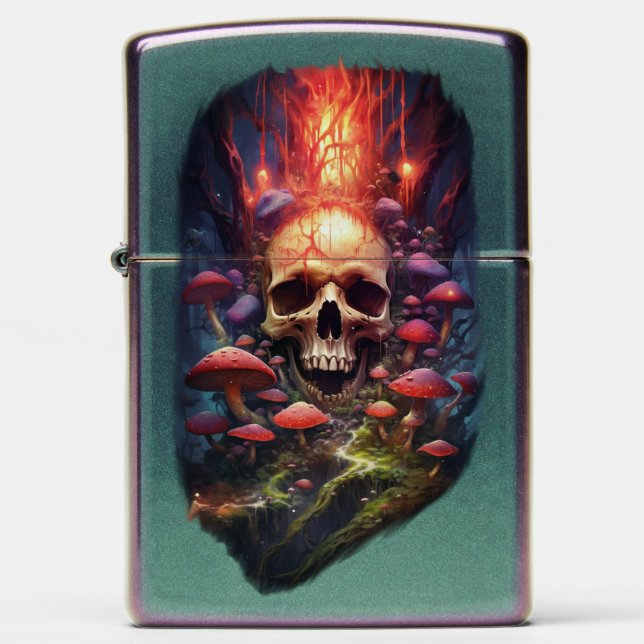 Red Ether Mushroom Skull Zippo aansteker - irisere (Front)