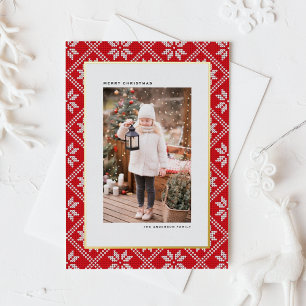 Red Fair Isle Knit Patroon Foto van Kerstmis Folie Feestdagen Briefkaart