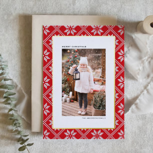 Red Fair Isle Knit Patroon Foto van Kerstmis Folie Feestdagenkaart