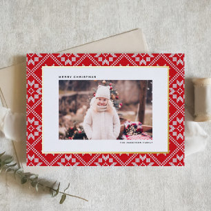 Red Fair Isle Winter Knit Pattern Foto van Kerstmi Folie Feestdagenkaart
