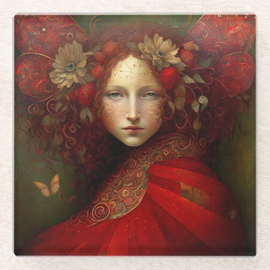 Red Fairy Fantasy Art Glazen Onderzetter (Voorkant)