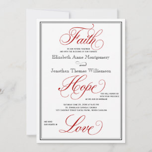 Red Faith Hope Love Calligraphy Wedding Invitation Kaart