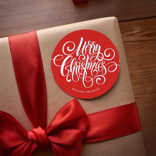 Red Fancy Script "Merry Kerstmis" Aangepast Ronde Sticker