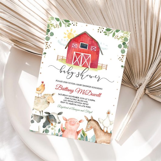 Red Farm Animals Boy Baby shower Kaart