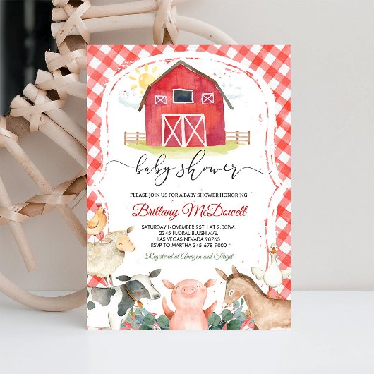 Red Farm Animals Boy Baby shower Kaart