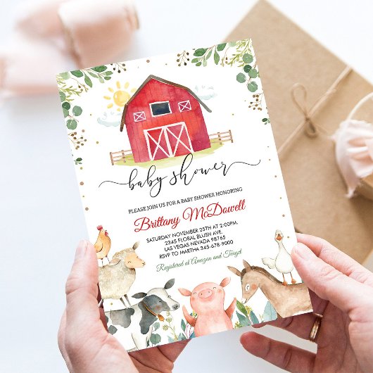 Red Farm Animals Boy Baby shower Kaart