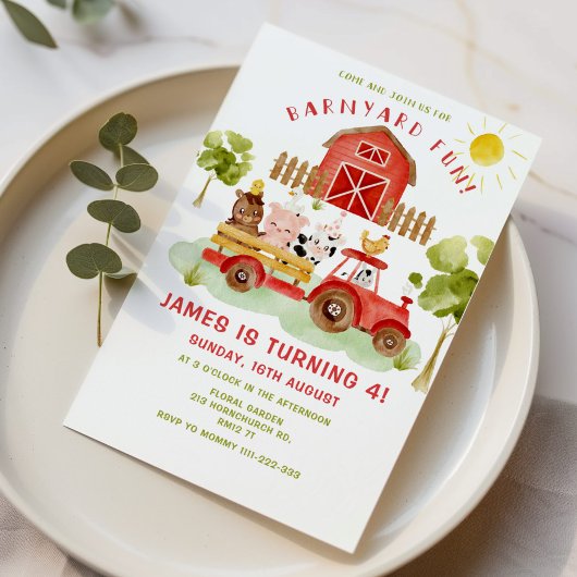 Red Farm animaux 4 anniversaire fête Invitation