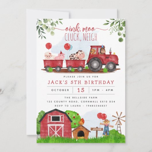 Red Farm Barnyard Animaux Anniversaire Invitation (Devant)