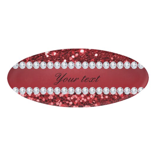 Red Faux Glitter en Diamonds Naambadge (Voorkant)