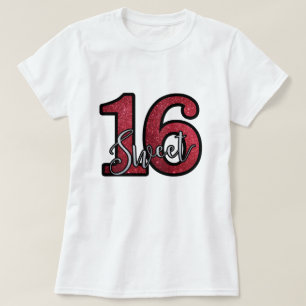 Red Faux Glitter Print Sweet Sixteen 16 Verjaardag T-shirt