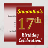 Red, Faux Gold 17th Birthday Celebration + naam Kaart (Voorkant / Achterkant)