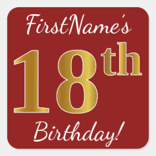 Red, Faux Gold 18th Birthday + aangepaste naam sti Vierkante Sticker