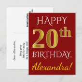 Red, Faux Gold 20th Birthday + aangepaste naam Briefkaart (Voorkant / Achterkant)