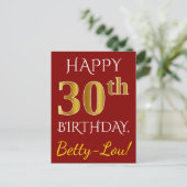 Red, Faux Gold 30th Birthday + aangepaste naam Briefkaart (Staand voorkant)