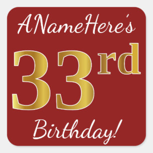 Red, Faux Gold 33rd Birthday + Sticker voor aangep