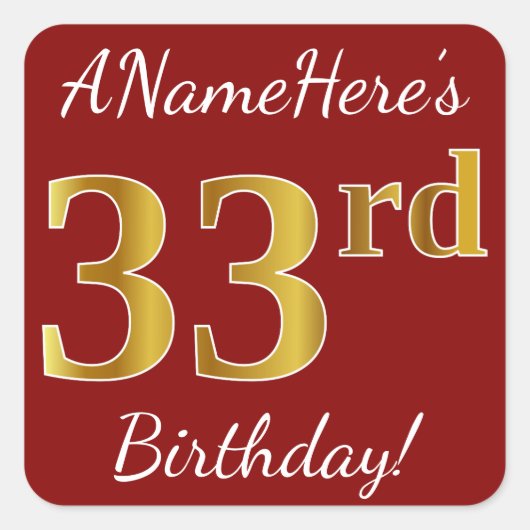 Red, Faux Gold 33rd Birthday + Sticker voor aangep (Voorkant)