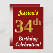 Red, Faux Gold 34th Birthday Celebration + naam Kaart (Voorkant / Achterkant)