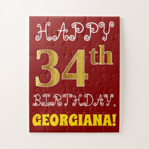 Red, Faux Gold 34th Birthday + Eigen naam Puzzle Legpuzzel
