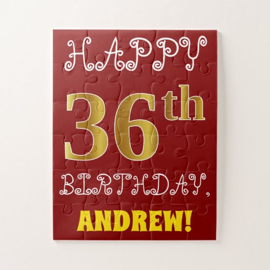 Red, Faux Gold 36th Birthday + Eigen naam Puzzle Legpuzzel (Verticaal)