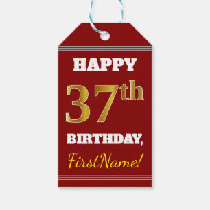 Red, Faux Gold 37th Birthday + aangepaste naam Cadeaulabel