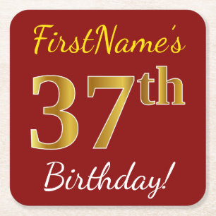 Red, Faux Gold 37th Birthday + aangepaste naam Vierkante Kartonnen Onderzetter