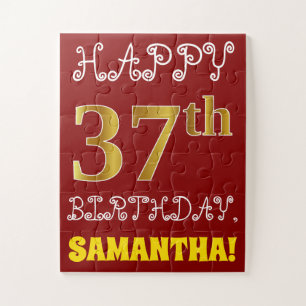 Red, Faux Gold 37th Birthday + Custom Name Puzzle