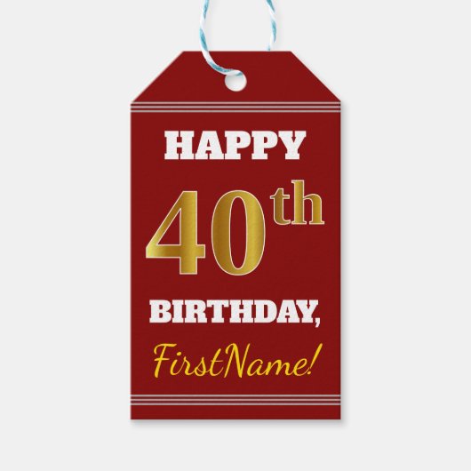 Red, Faux Gold 40th Birthday + aangepaste naam Cadeaulabel (Voorkant)