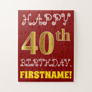 Red, Faux Gold 40th Birthday + aangepaste naam Puz Legpuzzel