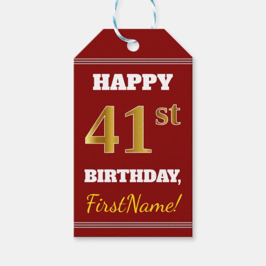 Red, Faux Gold 41st Birthday + aangepaste naam Cadeaulabel (Voorkant)