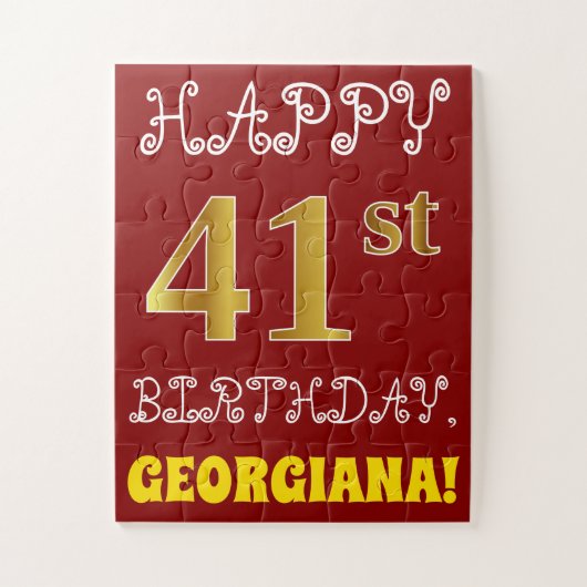 Red, Faux Gold 41st Birthday + aangepaste naam Puz Legpuzzel (Verticaal)