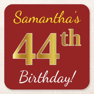 Red, Faux Gold 44th Birthday + aangepaste naam Vierkante Kartonnen Onderzetter