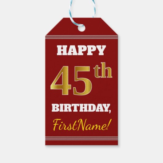 Red, Faux Gold 45th Birthday + aangepaste naam Cadeaulabel (Voorkant)
