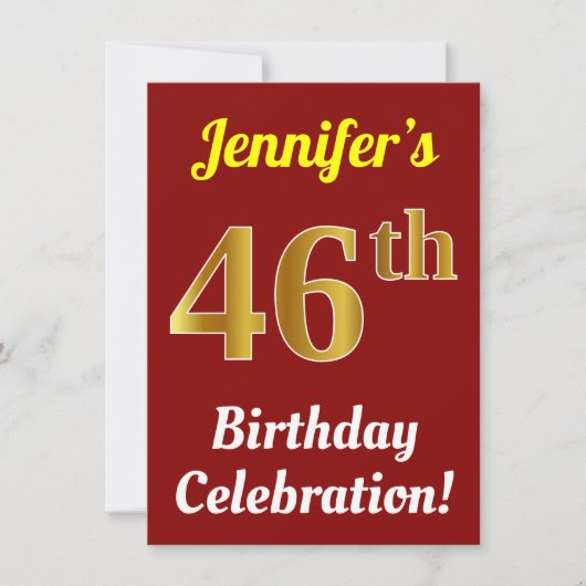 Red, Faux Gold 46th Birthday Celebration + Name Kaart (Voorkant)