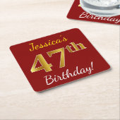 Red, Faux Gold 47th Birthday + aangepaste naam Vierkante Kartonnen Onderzetter (Schuin)