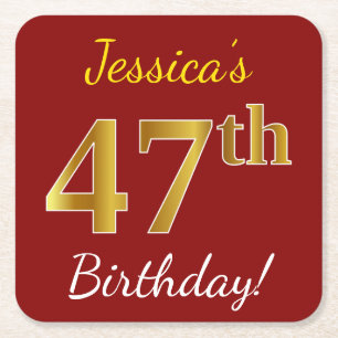 Red, Faux Gold 47th Birthday + aangepaste naam Vierkante Kartonnen Onderzetter