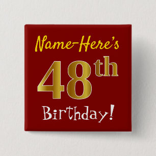 Red, Faux Gold 48th Birthday, met aangepaste naam Vierkante Button 5,1 Cm