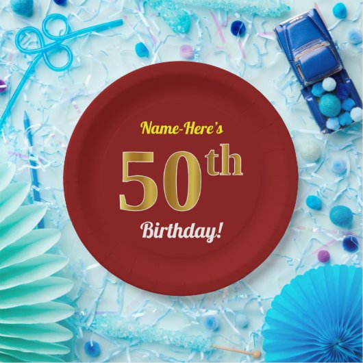 Red, Faux Gold 50th Birthday + aangepaste naam Papieren Bordje (Feest)