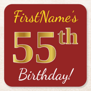 Red, Faux Gold 55th Birthday + aangepaste naam Vierkante Kartonnen Onderzetter