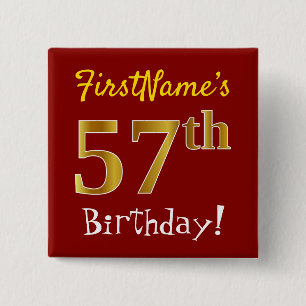 Red, Faux Gold 57th Birthday, met aangepaste naam Vierkante Button 5,1 Cm